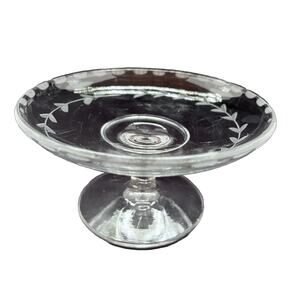 Vintage Glass Compote Bowl With Etched Floral Leaf Design